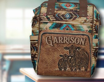 GEPERSONALISEERDE Angus Cattle zadeldeken westernrugzak, op maat gemaakte western luiertas - terug naar school cowboy cowgirl rodeo cadeau Award tas