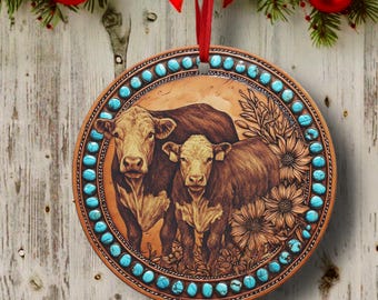 SONDAGE HEREFORD Décoration de Noël western personnalisée personnalisée, décoration souvenir 2025 en métal, bas de Noël ranch turquoise rustique