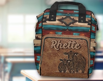 PERSONALIZED Western Top Handle Backpack with Angus Cow Calf Pair & Aztec Saddle Blanket Design, Western Diaper Bag, Cowboy Cowgirl Backpack