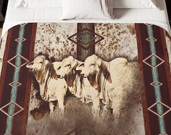 Brahman Cattle Plush Sherpa Blanket (Horizontal Print) Warm Couch Throw, Western Christmas Gift, Western Wedding Gift, Rustic Ranch Decor