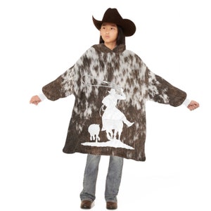 Kids OVERSIZED Calf Roper Hooded Blanket, Western Cowhide Design Rodeo Blanket Hoodie, Western Gift for Cowboys, Western Gift for Cowgirls