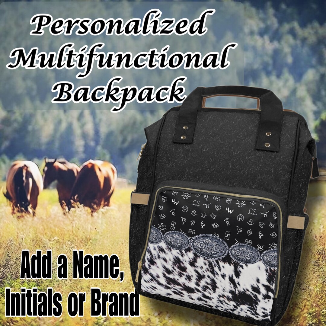 PERSONALIZED Western Backpack or Diaper Bag in a Black & White Cowhide