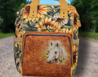 PERSONALIZED Backpack or Diaper Bag with Sunflowers Leather & Horse Digitally-Printed-On. Cowgirl Christmas, School Bag or Western Baby Gift