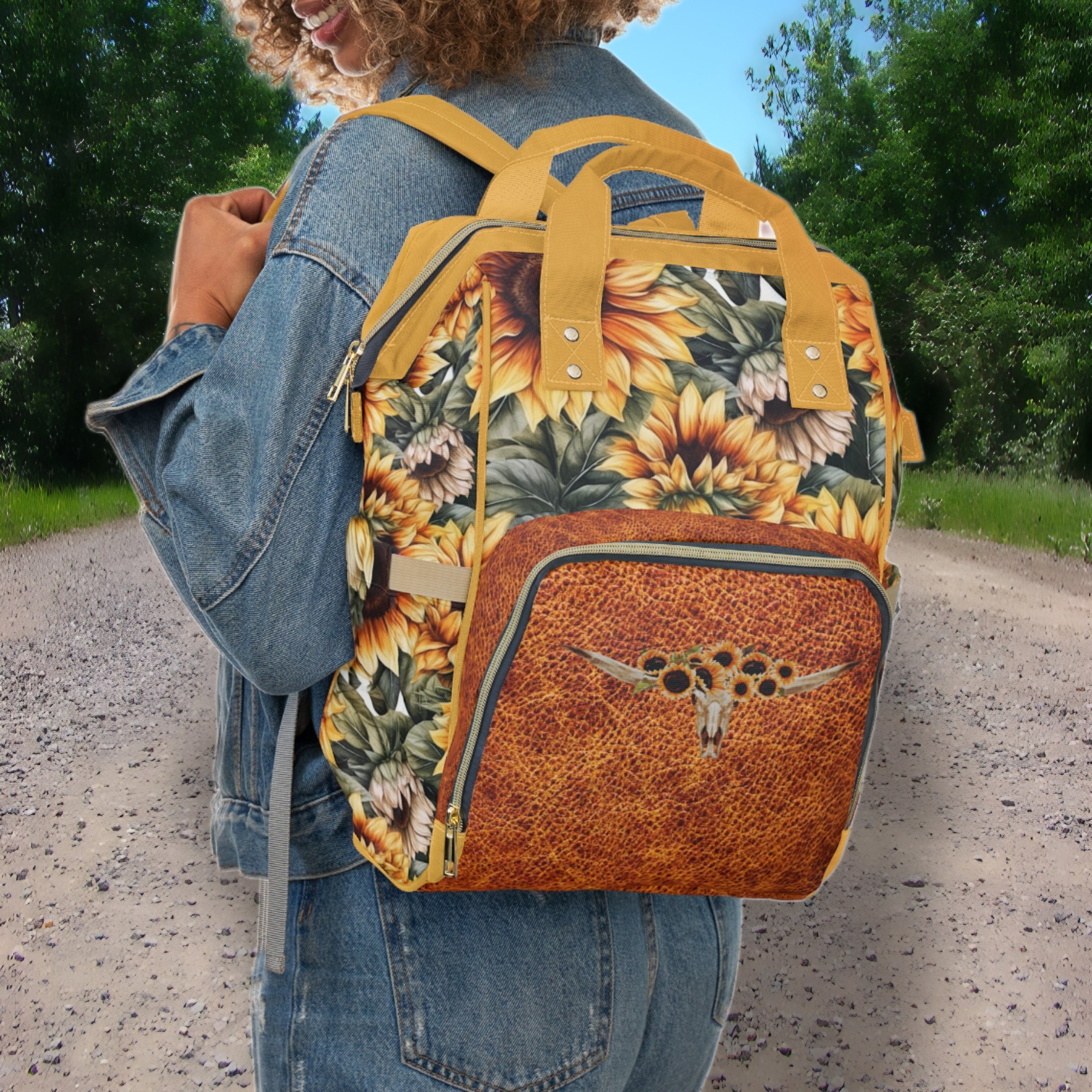 Floral Sunflower Cowhide Backpack Sunflower Print Backpack Country Hippie Flower Knapsack  main image 3
