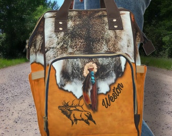 PERSONALIZED Western Backpack, Western Diaper Bag, Mountain Man Trapper Bag, Customized Diaper Bag, Tribal Inspired Bag, Faux Deer Skin Bag