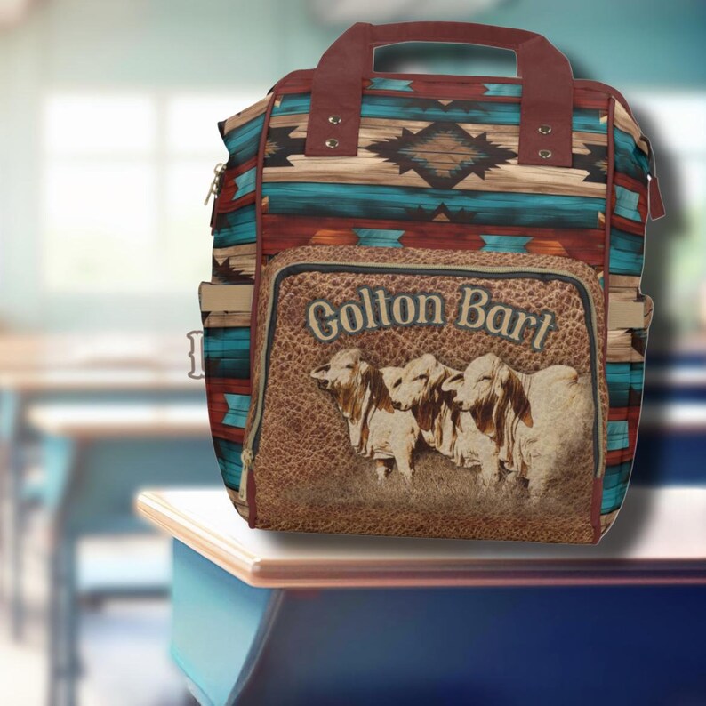 PERSONALIZED Western Brahman Cattle Top Handle Backpack, Punchy Aztec ...