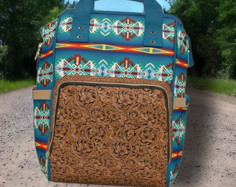 PERSONALIZED Western Backpack/Diaper Bag - Saddle Blanket & Carved Leather Design Digitally-Printed on to the item - Machine Washable Bag.