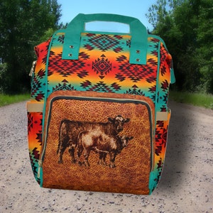 PERSONALIZED Western Backpack/Diaper Bag Saddle Blanket Cow Calf Leather Digitally-Printed-On Design. Western Christmas Gift or Baby Gift