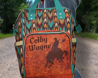 PERSONALIZED Western Backpack Western Diaper Bag Aztec Print & Bronc Rider Design.  Carry-On Bag, Western Baby Gift, Western Christmas Gift