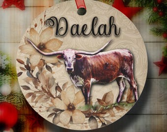GEPERSONALISEERDE Longhorn kerstornament, aangepaste longhorn koe western metalen ornament, kerstcadeau veeras, veeteelt kous Stuffer