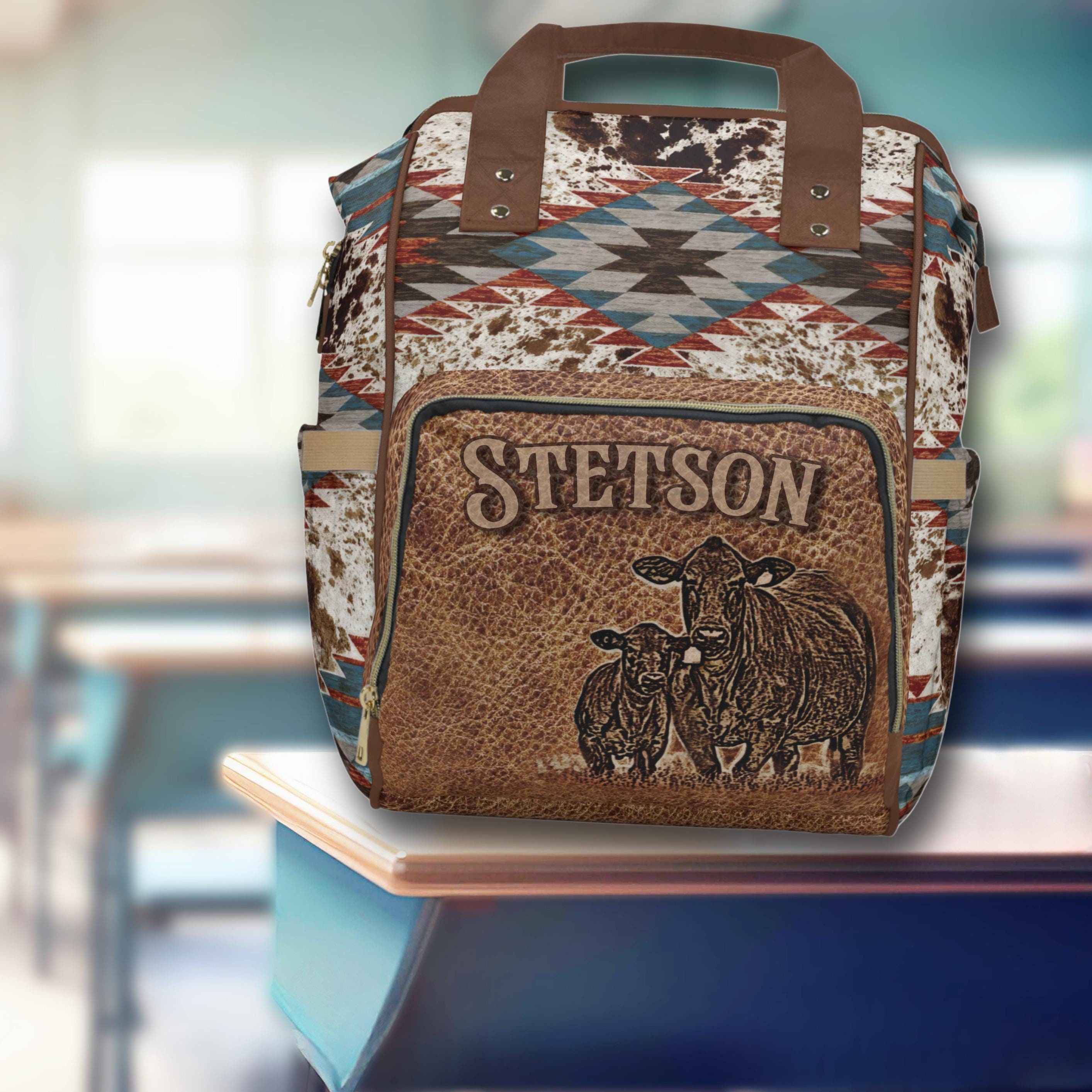 Purple western cowgirl print leather trim diaper bag Baby Boy/girl Multifunctional Custom Tooled Cow Print Diaper  main image 3