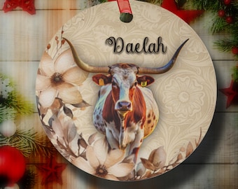 GEPERSONALISEERDE Longhorn kerstornament, aangepaste longhorn koe western metalen ornament, kerstcadeau veeras, veeteelt kous Stuffer