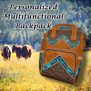 PERSONALIZED Western Backpack or Diaper Bag in a Rustic Leather, Turquoise, Concho & Brushed Suede - Carry-On Bag Western Baby Shower Gift