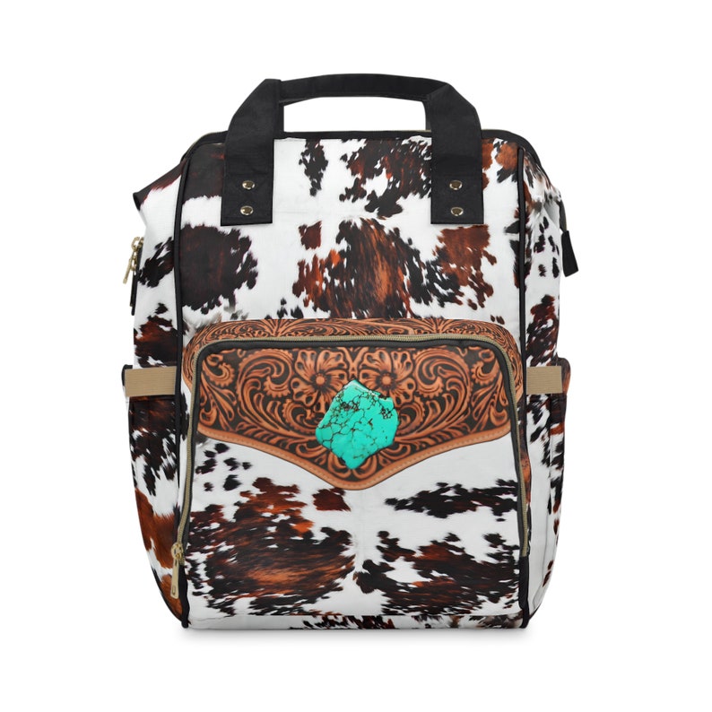 Personalized Western Backpack/Diaper Bag, DIGITALLY PRINTED Hair-on Cowhide & Carved Leather Design. Perfect Western Christmas or Baby Gift image 8