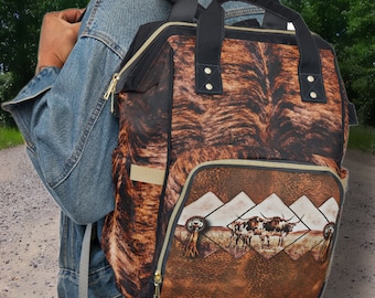 Personalized Western Backpack/Diaper Bag with a Hair-on Cowhide & Carved Leather DIGITALLY PRINTED Design Cowboy Cowgirl Gift or Baby Gift