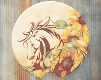 Horse & Sunflower Car Truck Cupholder Stone Coaster Set, Western Car Coaster Inserts, Horse Mom Gift, Cute Cowgirl Western Stocking Stuffer