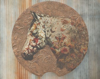 Autumn Botanical Cottagecore Horse Western Truck Cupholder Inserts, Soapstone Car Coaster Set, Horse Person Gift, Cowgirl Stocking Stuffers