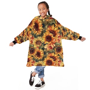 Kids Sunflower Hooded Blanket, OVERSIZED Plush Full Body Blanket, Western Christmas Gift for Cowgirl, Matching Wearable Blanket for Family