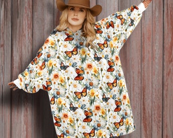 Giant Blanket Hoodie, Western Christmas Gift for Cowgirl, Butterfly Lover, Oversized Fleece Blanket Robe, Plush Sherpa Hood Furry Blanket