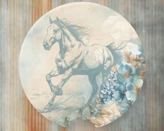 Horse & Floral Car Truck Cupholder Stone Coaster Set, Western Car Coaster Inserts, Horse Lover Gift, Cute Cowgirl Western Stocking Stuffer