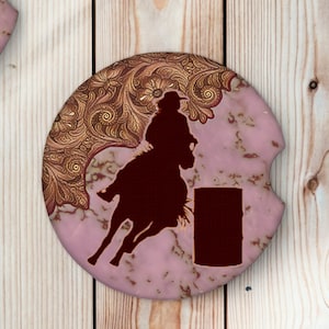 Barrel Racer Truck Cupholder Stone Coaster Set, Cool Western Car Coaster Inserts, Rodeo Lovers Gift, Ranch Cowgirl Western Stocking Stuffer