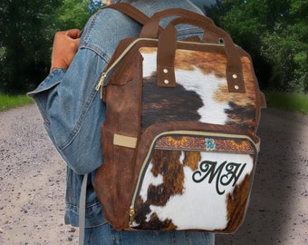 Personalized *DIGITALLY PRINTED Hair-on Cowhide & Tooled Leather DESIGN* Diaper Backpack Perfect Western Baby Gift, Birthdays or Christmas