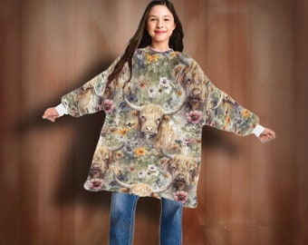 Kids GIANT Fleece Hooded Blanket | Kids Highland Cow Blanket Gift | Youth Size Highland Cattle Shirt | Children's Western Christmas Present