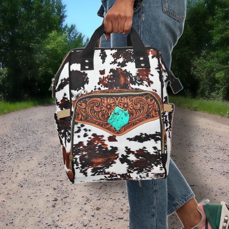 Personalized Western Backpack/Diaper Bag, DIGITALLY PRINTED Hair-on Cowhide & Carved Leather Design. Perfect Western Christmas or Baby Gift image 3