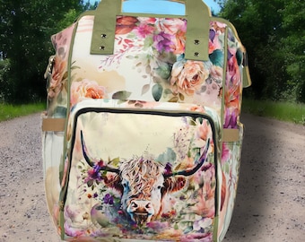 Highland Cow Floral Backpack Diaper Bag - Watercolor style Western Design. Rustic Cowgirl Christmas Gift, School Bag or Western Baby Gift