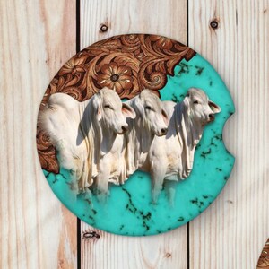 May include: Three white Brahman cattle stand on a turquoise and brown patterned background. The background features a brown leather design with floral patterns.