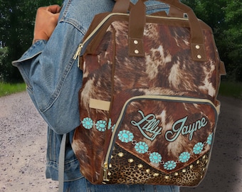 PERSONALIZED Western Cowhide Bag Multipurpose Backpack or Diaper Bag  - Great Western Gift, Customize with a Name, Initials or Ranch Brand