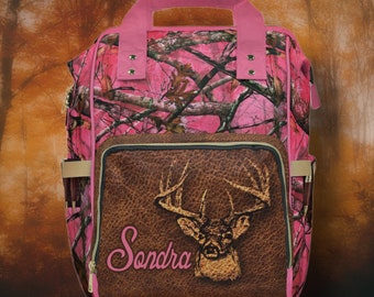 PERSONALIZED Hot Pink Deer Hunter Backpack or Diaper Bag with Whitetail Deer Tree Camo Digitally Printed On Design - Cute Hunting Baby Gift