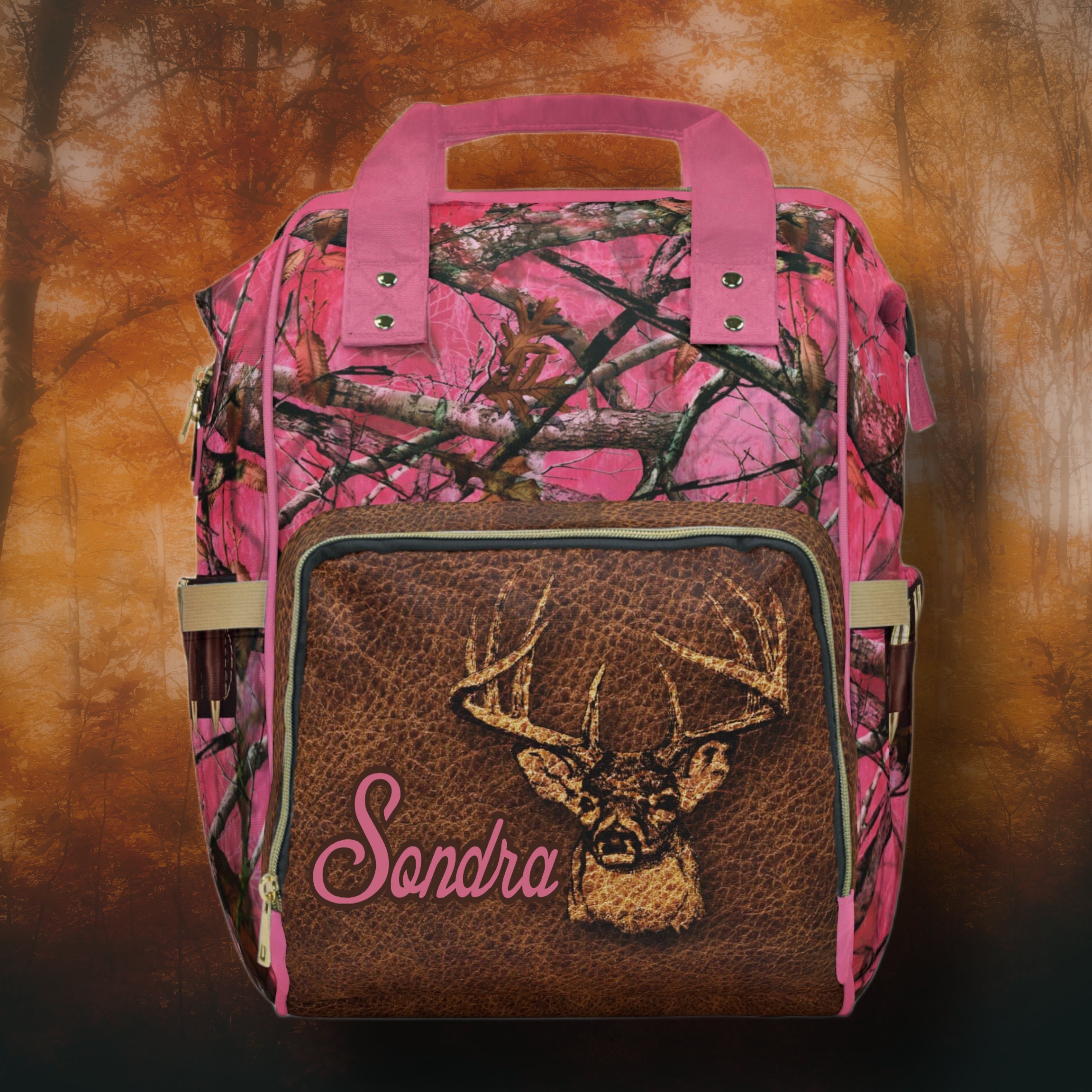 Brown and Pink Deer Backpack PERSONALIZED Deer Hunter Backpack or Diaper Bag Pink Camo  main image 2