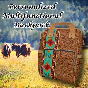 PERSONALIZED Western Backpack or Diaper Bag Tooled Leather & Saddle Blanket Digitally Printed Design Matching Companion Luggage - Great Gift