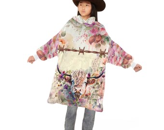 Kids OVERSIZED Plush Fleece Blanket PullOver, Highland Cow Blanket, Western Christmas Gift for Cowgirl, Super Cute Warm Wearable Cow Blanket