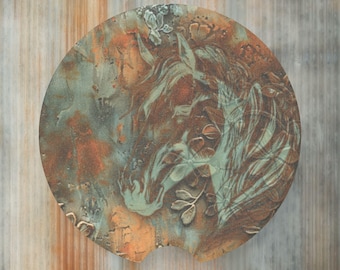 Copper Patina Horse Car Truck Cupholder Stone Coaster Set, Western Car Coaster Inserts, Horse Lover Gift, Cowgirl Western Stocking Stuffers
