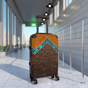 Western Suitcase Set - DIGITALLY PRINTED Turquoise, Concho & Tooled Leather Design - Personalize with a Name, Initials or Ranch Brand