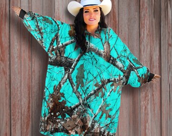OVERSIZED GIANT Adult Fleece Blanket Hoodie in Turquoise Tree Camo Super Plush Fully Body Wearable Blanket Great Christmas Gift for Hunter