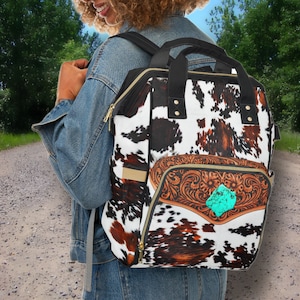 Personalized Western Backpack/Diaper Bag, Hair-on Cowhide & Carved Leather DIGITALLY PRINTED Design. Perfect Western Christmas or Baby Gift