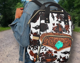 Personalized Western Backpack/Diaper Bag, DIGITALLY PRINTED Hair-on Cowhide & Carved Leather  Design. Perfect Western Christmas or Baby Gift