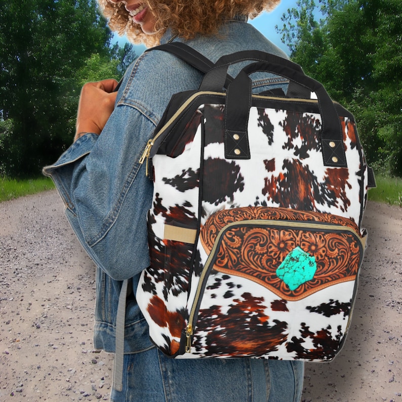 Personalized Western Backpack/Diaper Bag, DIGITALLY PRINTED Hair-on Cowhide & Carved Leather Design. Perfect Western Christmas or Baby Gift image 1
