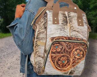 Personalized Western Backpack/Diaper Bag, a Hair-on Brindle Cowhide & Carved Leather DIGITALLY PRINTED Design Cowboy, Cowgirl or Baby Gift