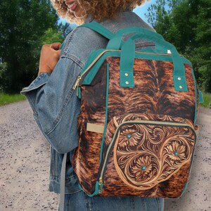 Personalized Western Backpack/Diaper Bag, a Hair-on Cowhide & Carved Leather DIGITALLY PRINTED Design. Cowboy or Cowgirl Gift or Baby Gift