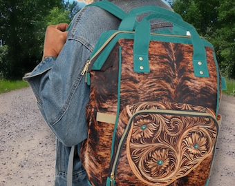 Personalized Western Backpack/Diaper Bag, a Hair-on Cowhide & Carved Leather DIGITALLY PRINTED Design. Cowboy or Cowgirl Gift or Baby Gift