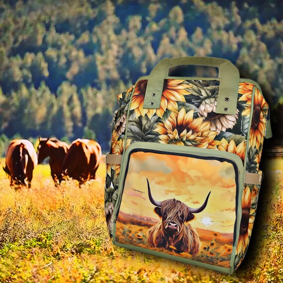 Highland Cow Sunflower Backpack Diaper Bag - Watercolor  display picture 1