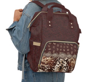 PERSONALIZED Western Backpack Diaper Bag DIGITALLY PRINTED Brown & White Cowhide Concho and Ranch Brand Design 100% Machine Washable Canvas