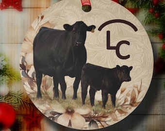 Décoration de Noël personnalisée vache Angus et veau, décoration western personnalisée, cadeau de Noël de race bovine, cadeaux de Noël pour l'élevage et l'élevage