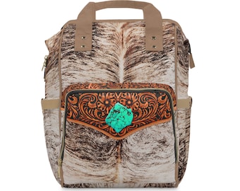 Western Backpack Diaper Bag, a DIGITALLY PRINTED Hair-on Brindle Cowhide & Carved Leather  Design. Cowboy Cowgirl Gift or Baby Gift