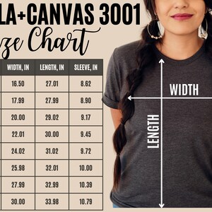 Peut inclure: Tableau des tailles pour les t-shirts Bella + Canvas 3001, indiquant les mesures en pouces pour la largeur, la longueur et la longueur des manches pour les tailles XS &agrave; 4XL.