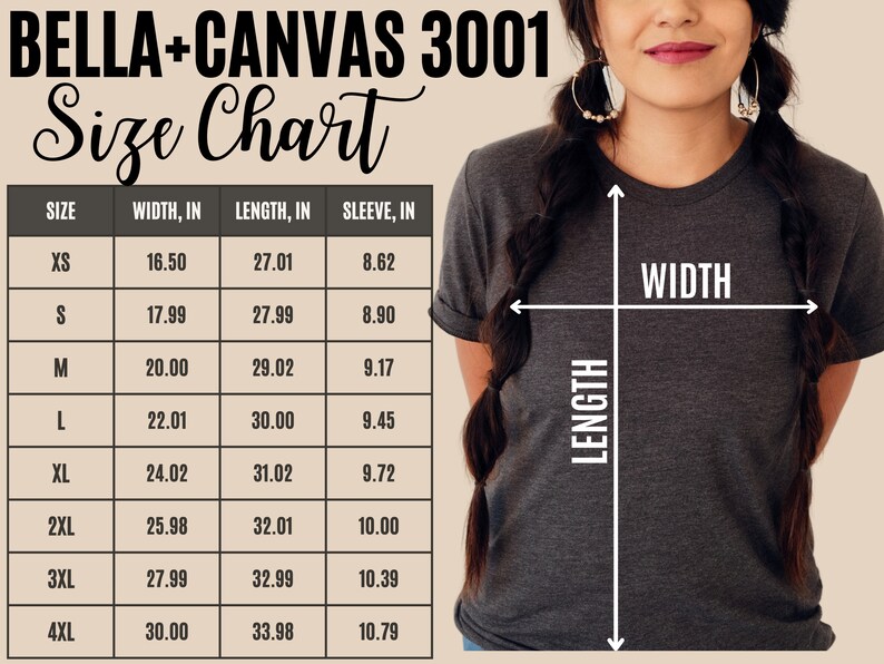 Peut inclure: Tableau des tailles pour les t-shirts Bella + Canvas 3001, indiquant les mesures en pouces pour la largeur, la longueur et la longueur des manches pour les tailles XS &agrave; 4XL.